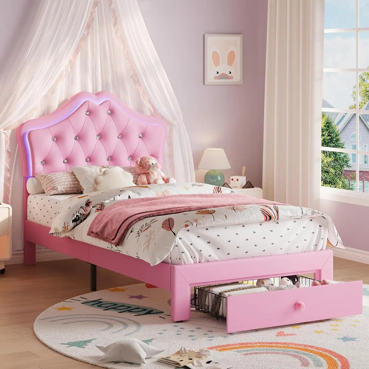 Twin XL Velvet Upholstered Platform Bed Frame With LED Headboard, Crystal Button Tufting, Storage Drawer, Noise Free, No Box Spring