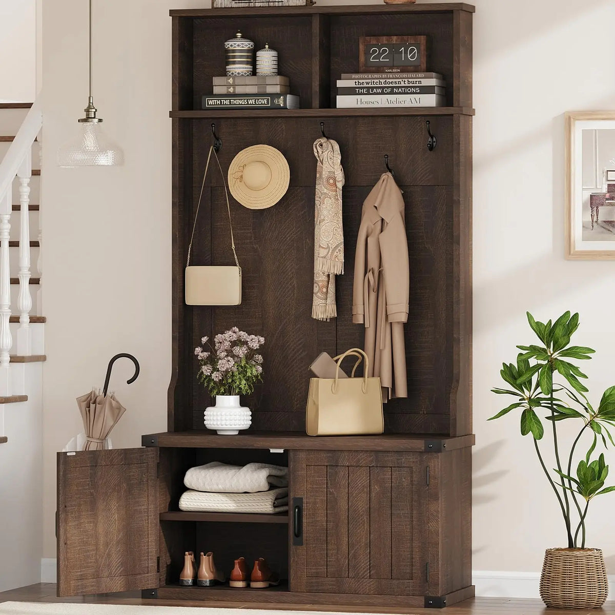HiMISS Wooden Hall Tree With Bench And Shoe Storage