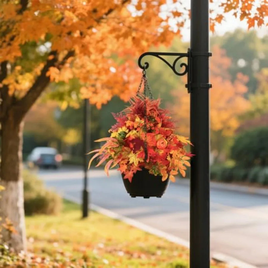 Outdoor autumn decor: artificial pumpkin and maple leaf potted plants, 20-inch fall flowers in orange and red, weather-resistan