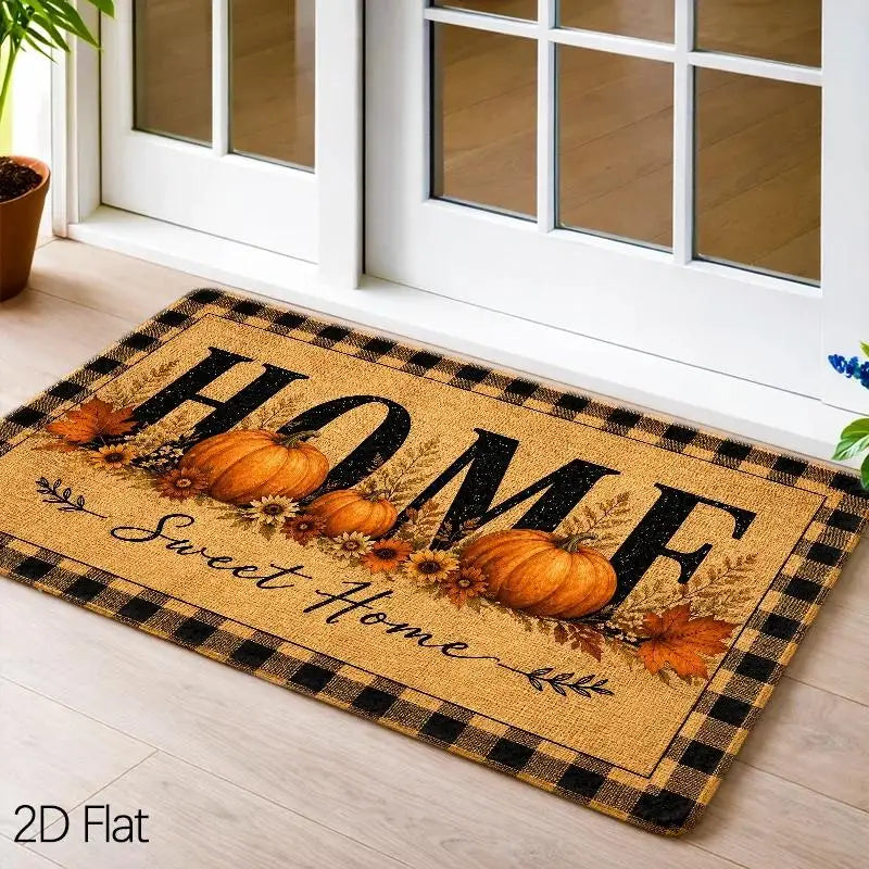 1pc Autumn Harvest Pumpkin Entrance Doormat, Thick Flannel Non-Slip Machine Washable Rug, Thanksgiving Indoor Floor Mat for Front Door Kitchen Bathroom Living