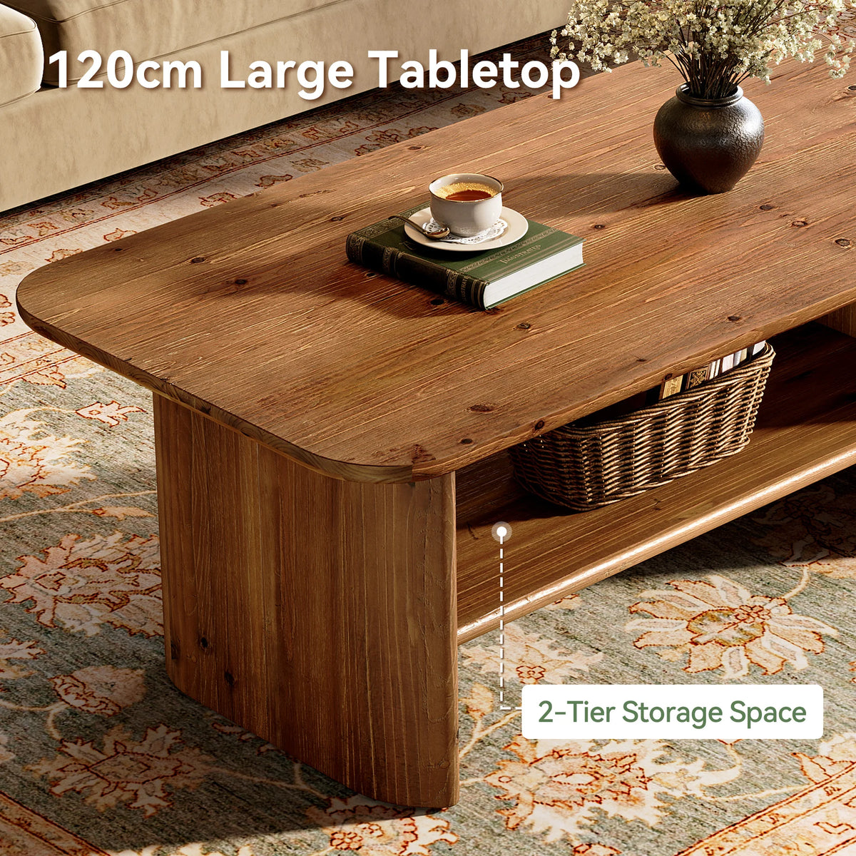 Tribesigns Farmhouse Solid Wood Coffee Table With Two Tier Storage
