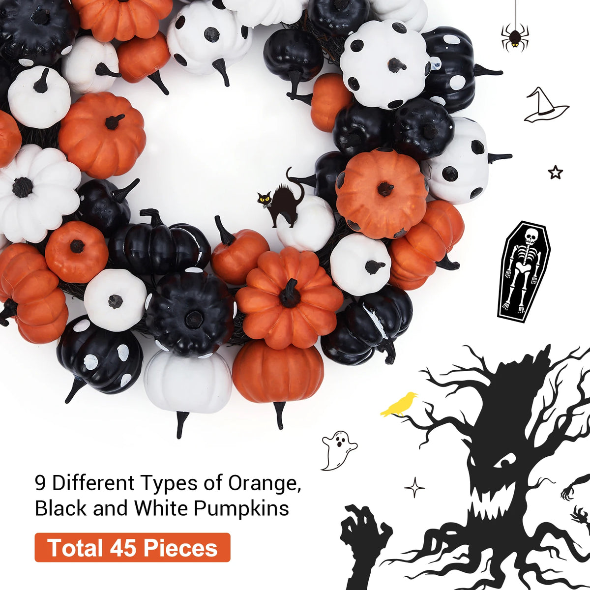 Halloween Pumpkin Wreath, with Orange, Black and White Pumpkins, Rattan Bottom Thanksgiving Indoor Home Party Decor