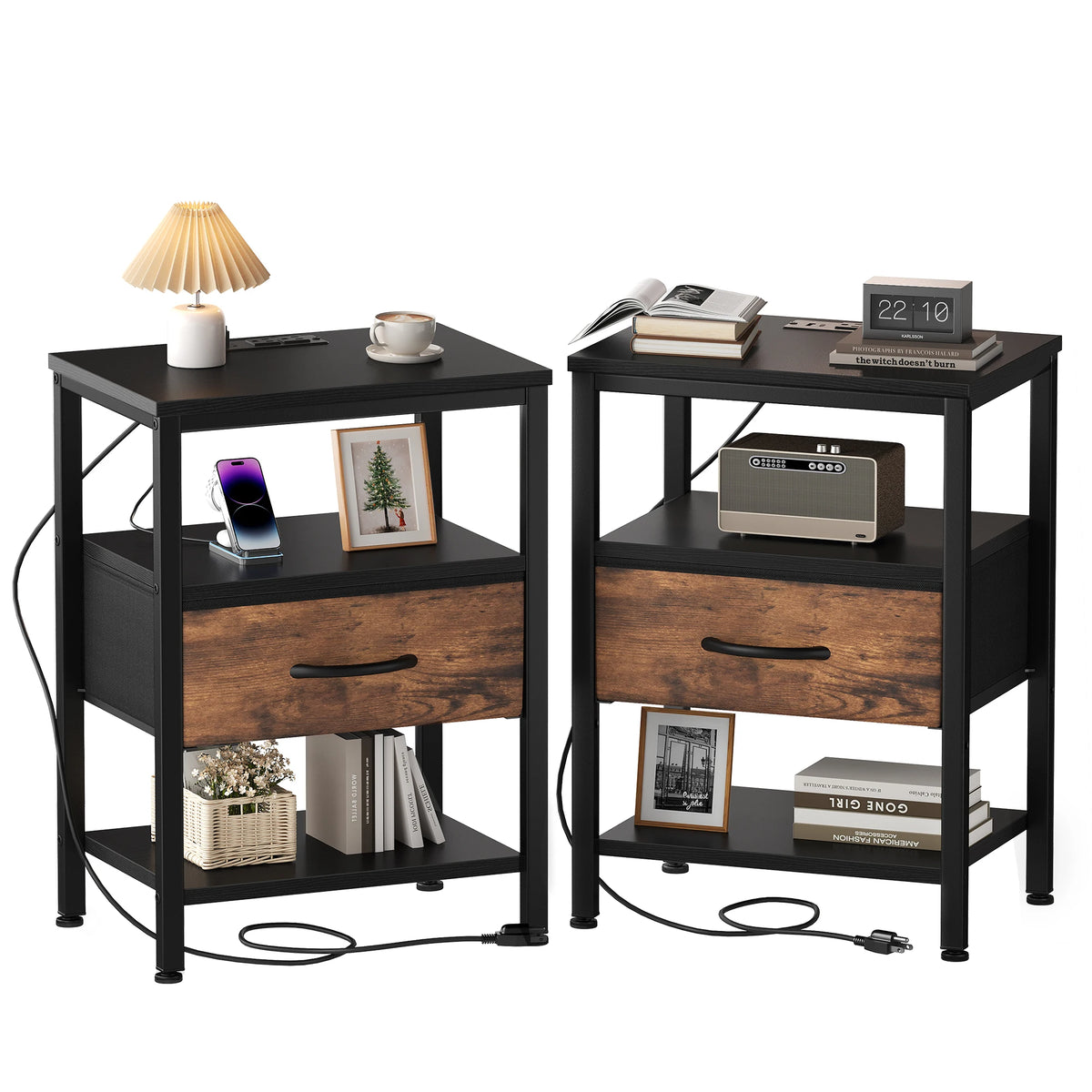 JHK 3-Tier Nightstand Set of 2 with Wireless Charging Station Bedside Tables with Adjustable Fabric Drawers Storage Open Shelf