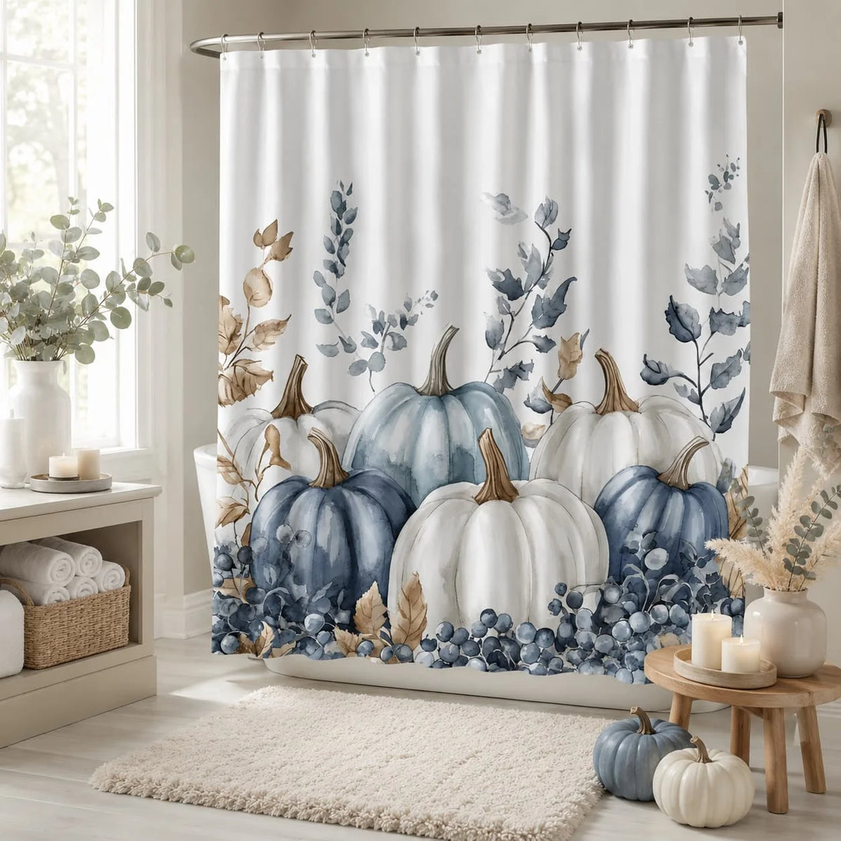 2D Flat, 1pc 2D Flat Shower Curtain, Halloween Pumpkin Creative Blue And White Pumpkin And Autumn Leaf Pattern Adds Fun And a Sense of Season.Bathroom Decoration Fabric Includes 12 Hooks