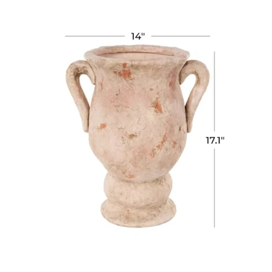 Home decoration ceramic vase antique-style distressed pink finish with handles 14 x 10 x 17 durable and elegant centerpiece for