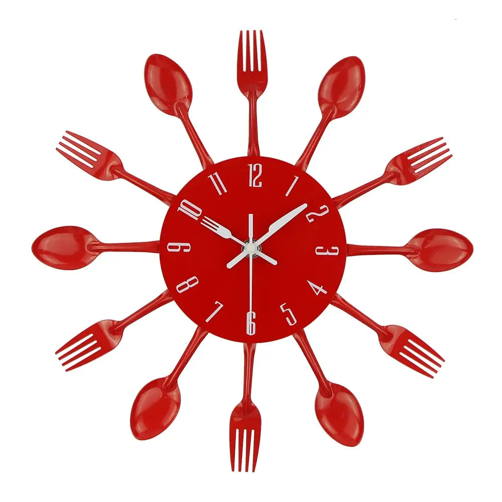 Kitchen Wall Clock, 3D Removable Modern Creative Cutlery Kitchen Spoon Fork Clock Mirror Decal Wall Sticker R