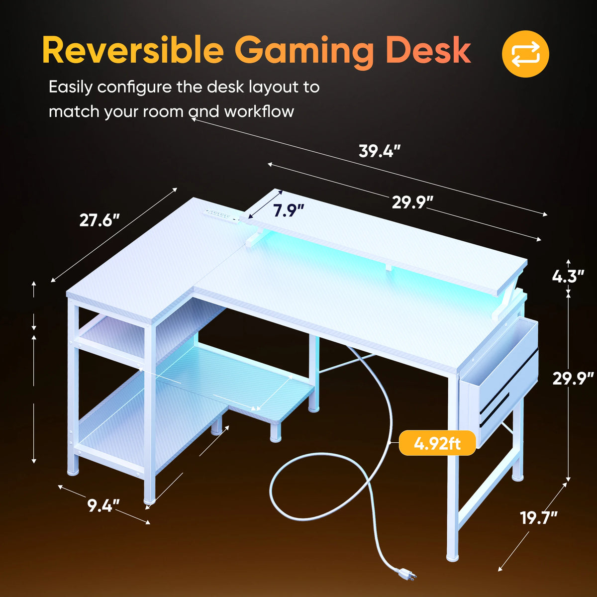 JHK L Shaped Computer Desk With Storage Shelves LED Lights
