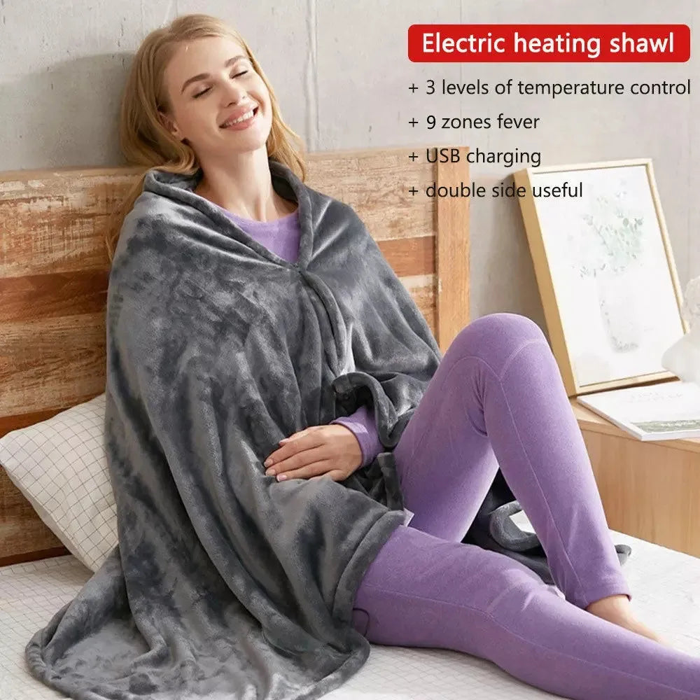 Coral Velvet Heating Blanket, 3 Heat Levels, Fast Heating USB Heating Shawl, 9 Heated Zones, Portable Thermal Blanket for Winter
