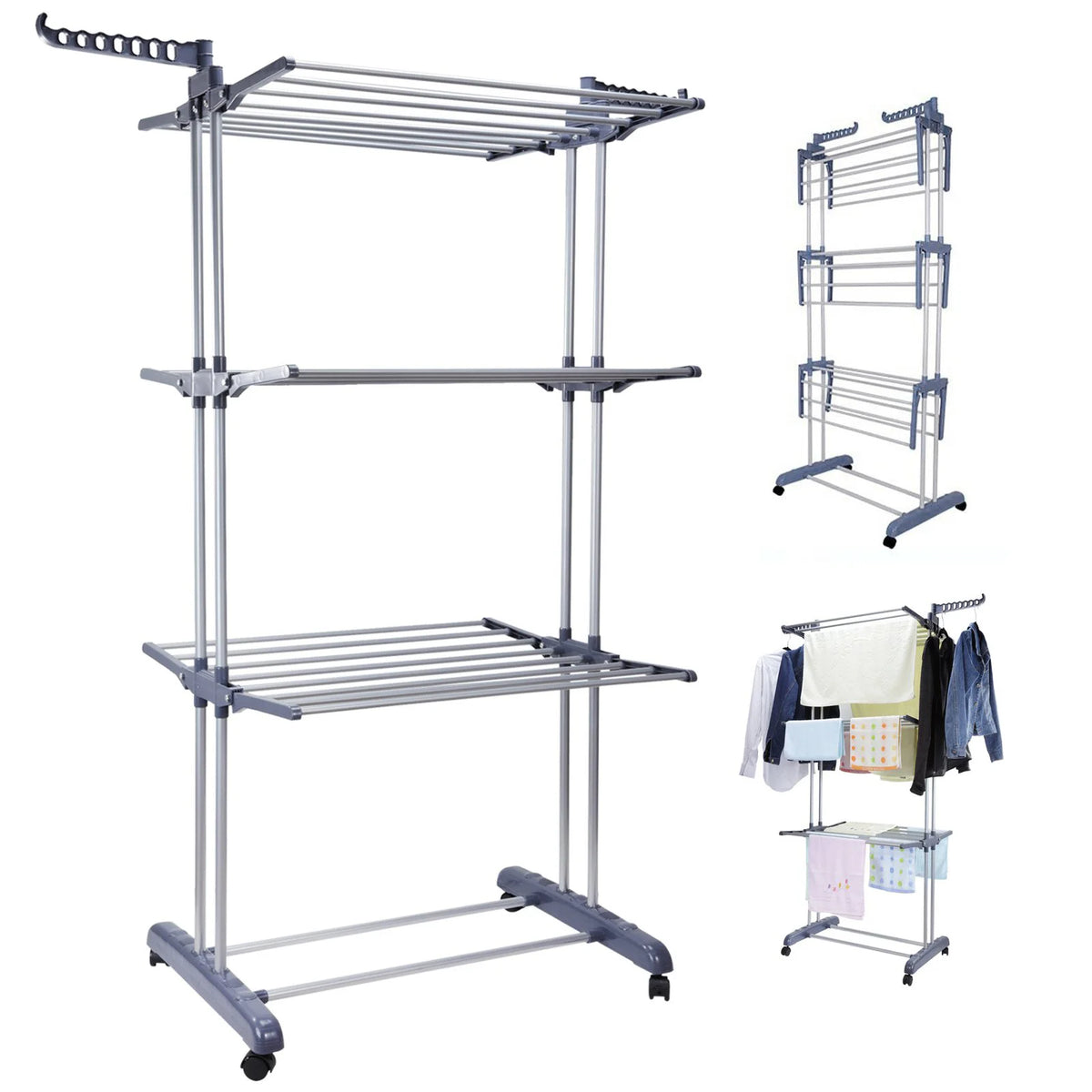 4-Tier Clothes Drying Rack Foldable Wings Dryer Clothes Space Saving Hanger Adjustable Large Garment Laundry Racks 2 Wing Hooks