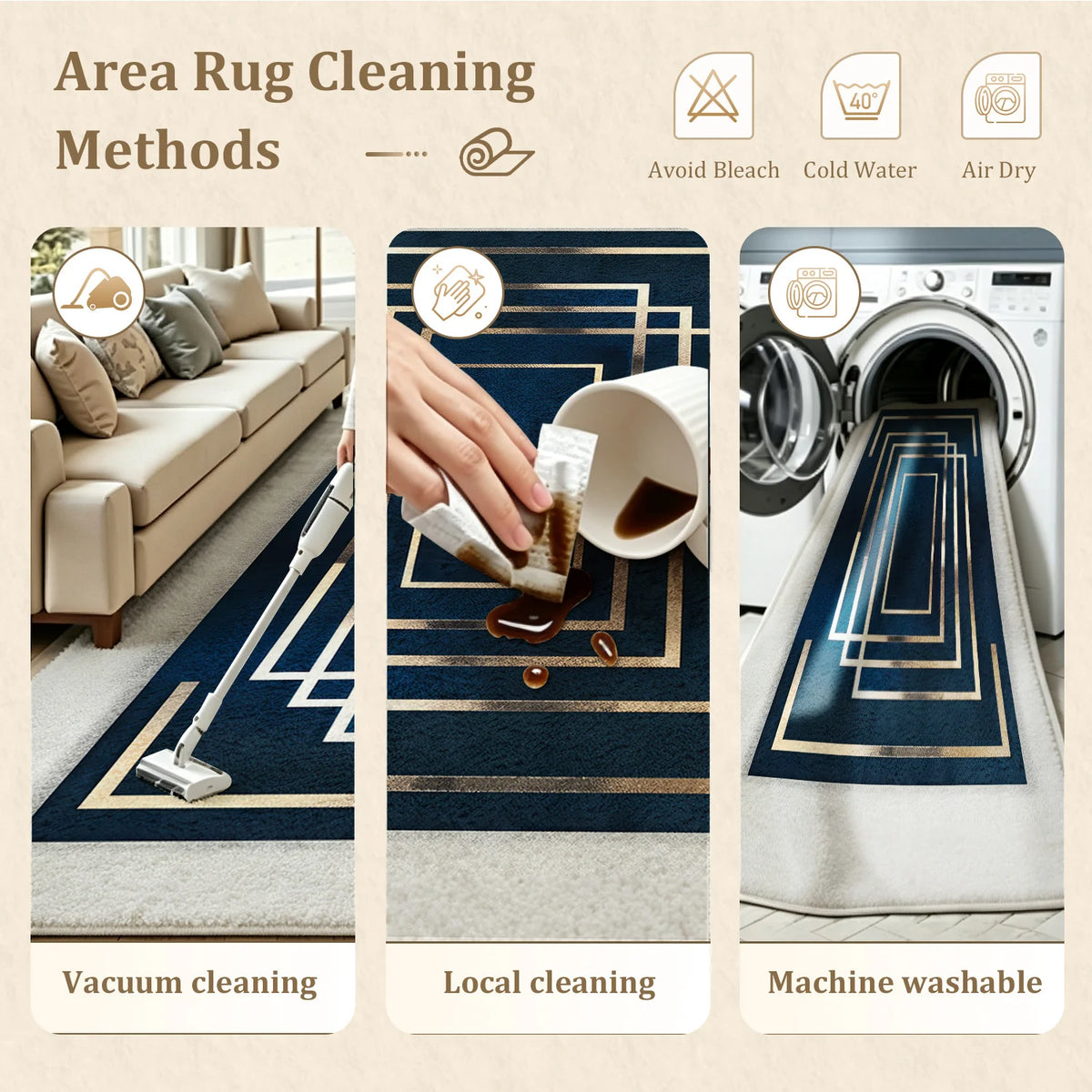 Large Indoor Area Rug, Soft Velvet Low Pile Non-Slip Dotted Backing Machine Washable, Navy Blue & Gold Geometric Rectangular Pattern, Ideal for Living Room Bedroom Entryway Home Floor Decor