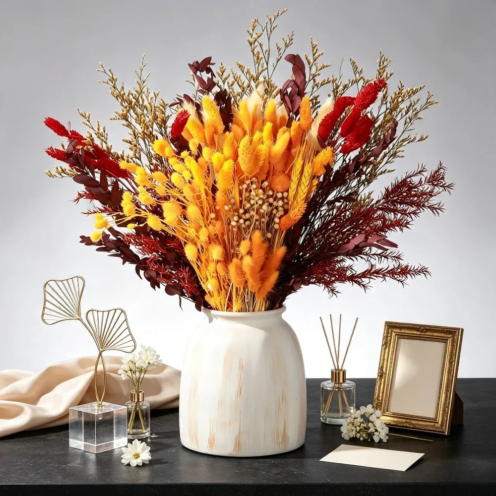 Autumn Boho Dried Flower Bouquet, Bunny Tails Grass, Setaria, Limonium, Preserved Leaves, Natural Dried Floral Vase Filler, Home Table Thanksgiving Wedding Decor, Christmas Valentine's Day Party Decoration, Holiday Gift for M