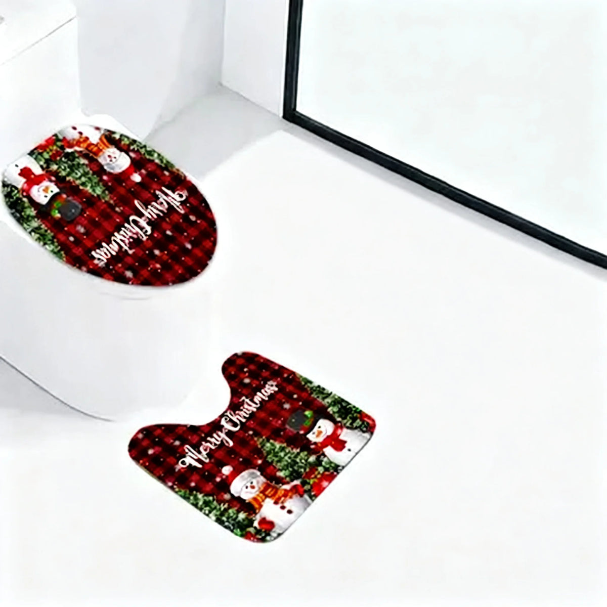 Christmas Bathroom Mat Set, Buffalo Plaid Snowman Bath Rug Non-Slip Toilet Seat Cover Set, Merry Christmas Home Decor