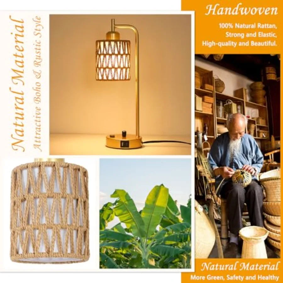 Lamp for Bedroom Boho Rattan Table Lamps Set of 2 with LED Bulbs Bedside Lamps for Night Stands with Wicker Shade USB Port and