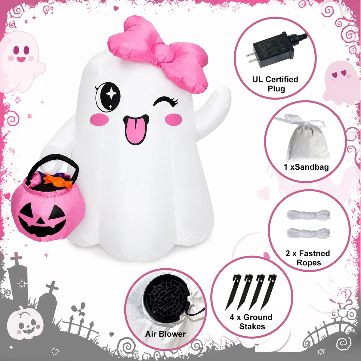 Halloween 5ft Inflatable Cute Ghost Decor with Pink Bow - Indoor/Outdoor Party, Store, and Event Venue Decoration