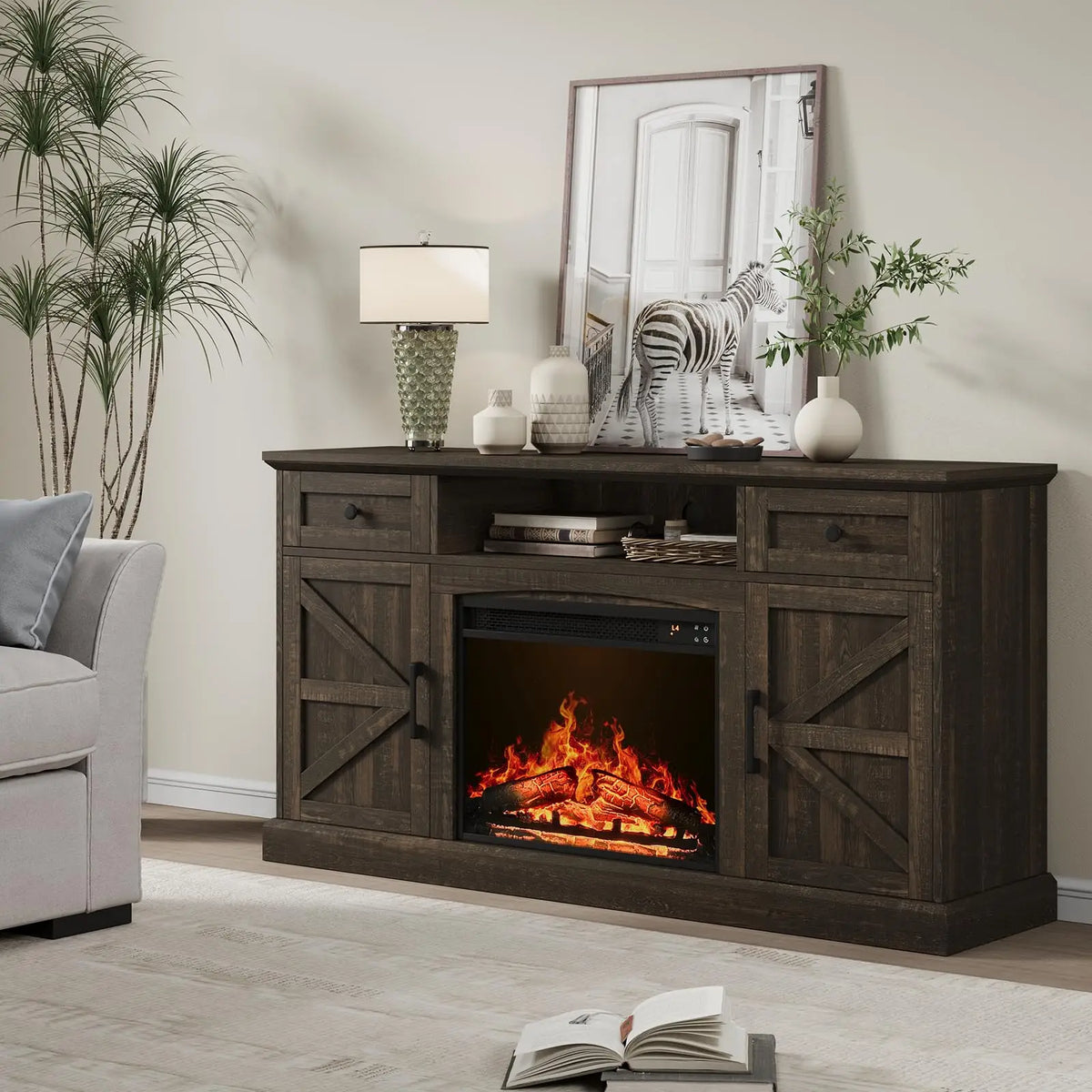 Farmhouse TV Stand with 23-Inch Electric Fireplace, Entertainment Center for TVs Up to 70 Inches, Media Console Table with Drawers and Storage, Antique White