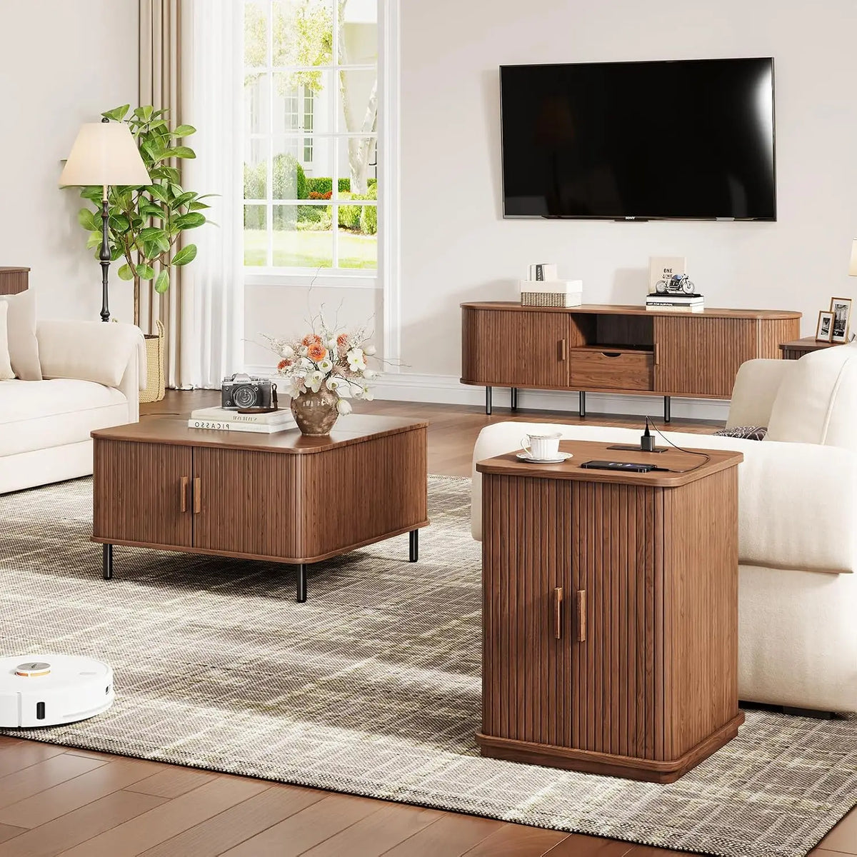 ONBRILL USB Charging Nightstand With Fluted Storage And Power Outlet
