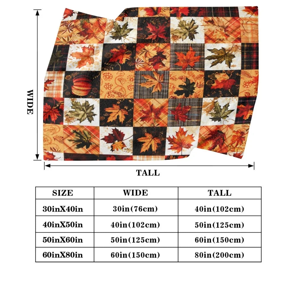 Fall Harvest Maple Leaf Pumpkin Plaid Patchwork Flannel Blanket Soft Warm Fleece Throw Blanket Thanksgiving Decor Gift