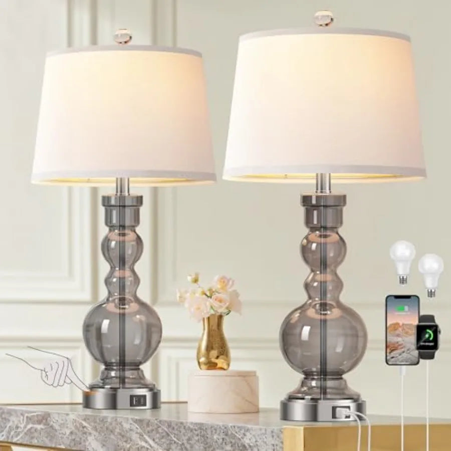 3-Way Dimmable Touch Control Grey Glass Table Lamps Set of 2 with USB A+C for Modern Comtemporary Bedroom Nightstand Living Roo