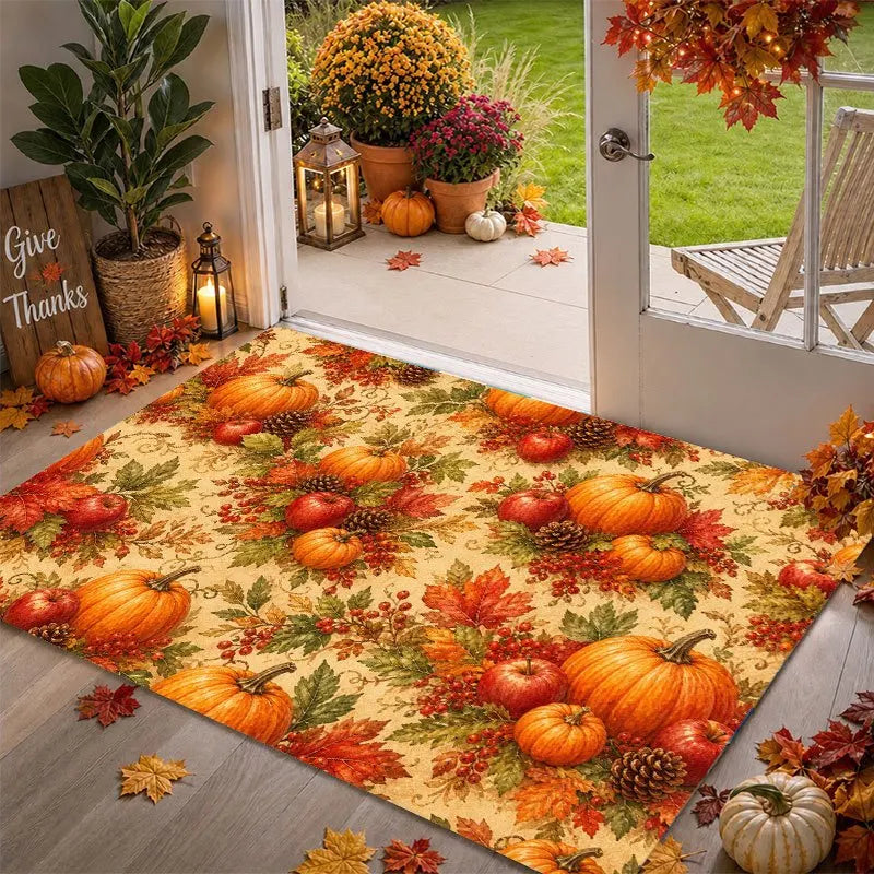 1pc Autumn Harvest Non-Slip Suitable for Thanksgiving Farmhouse Decor, Soft Flannel Indoor Entrance Mat with Pumpkin Maple Leaf Apple Pinecone Berry Print