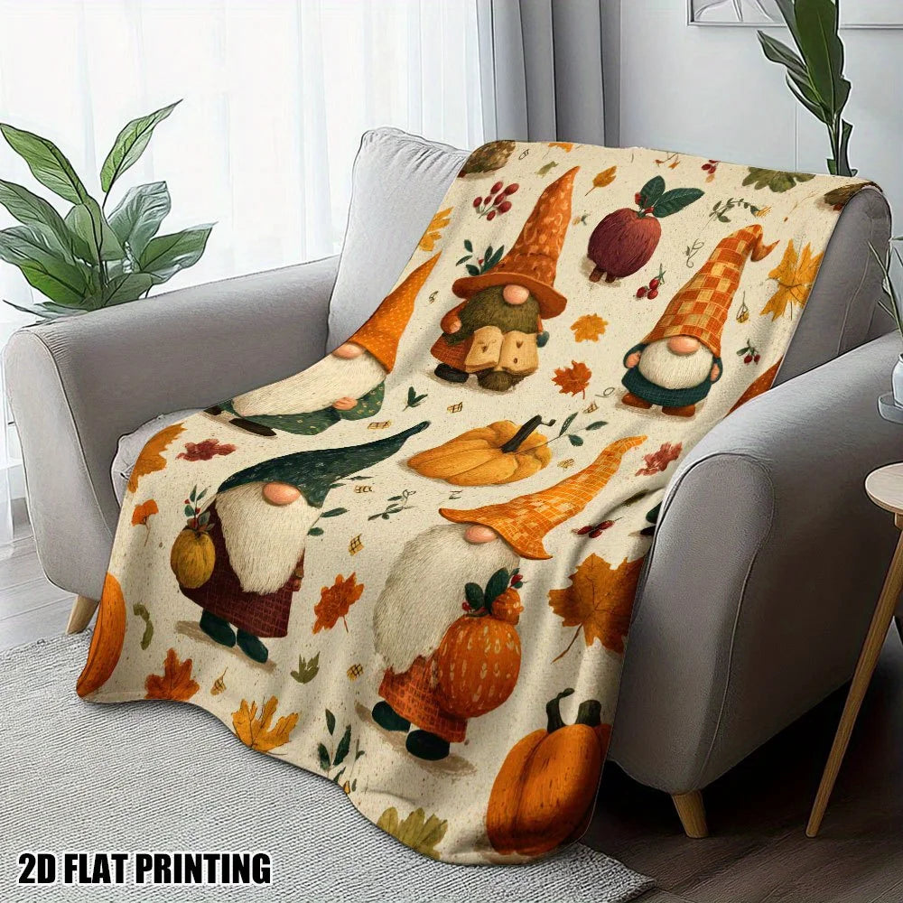 1pc Warm Thanksgiving Gnomes Printed Flannel Throw Blanket - Suitable for Bed, Sofa, Floor, and Office - The Perfect Comfortable Experience for All Seasons