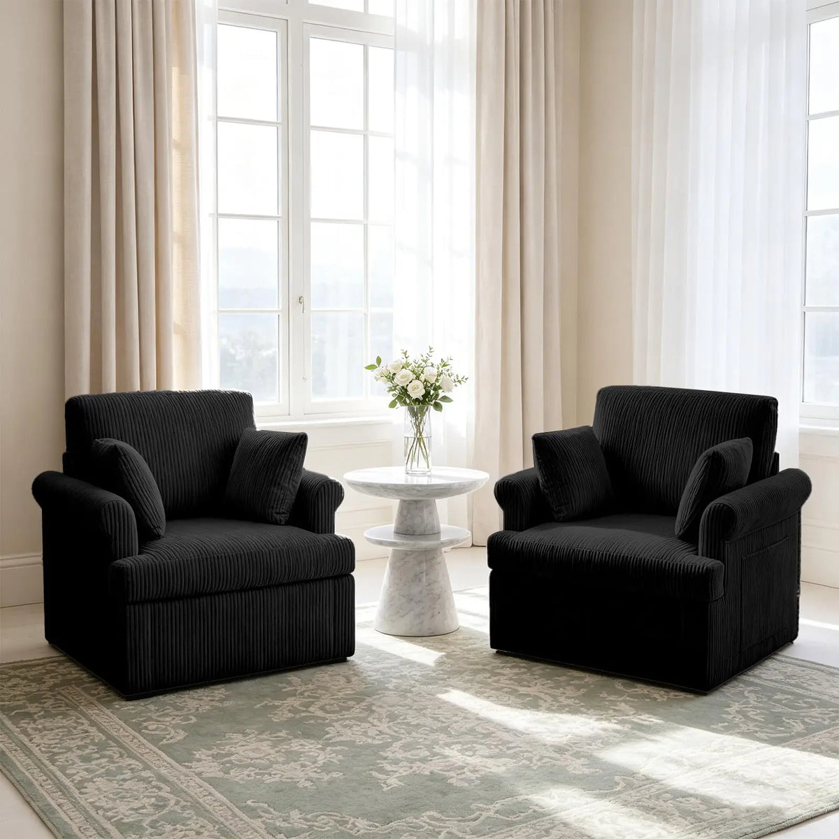 39-Inch 360 Swivel Accent Chair, Large Corduroy Barrel Armchair & 2 Pillows, Storage Pockets For Living Room Bedroom Home Office