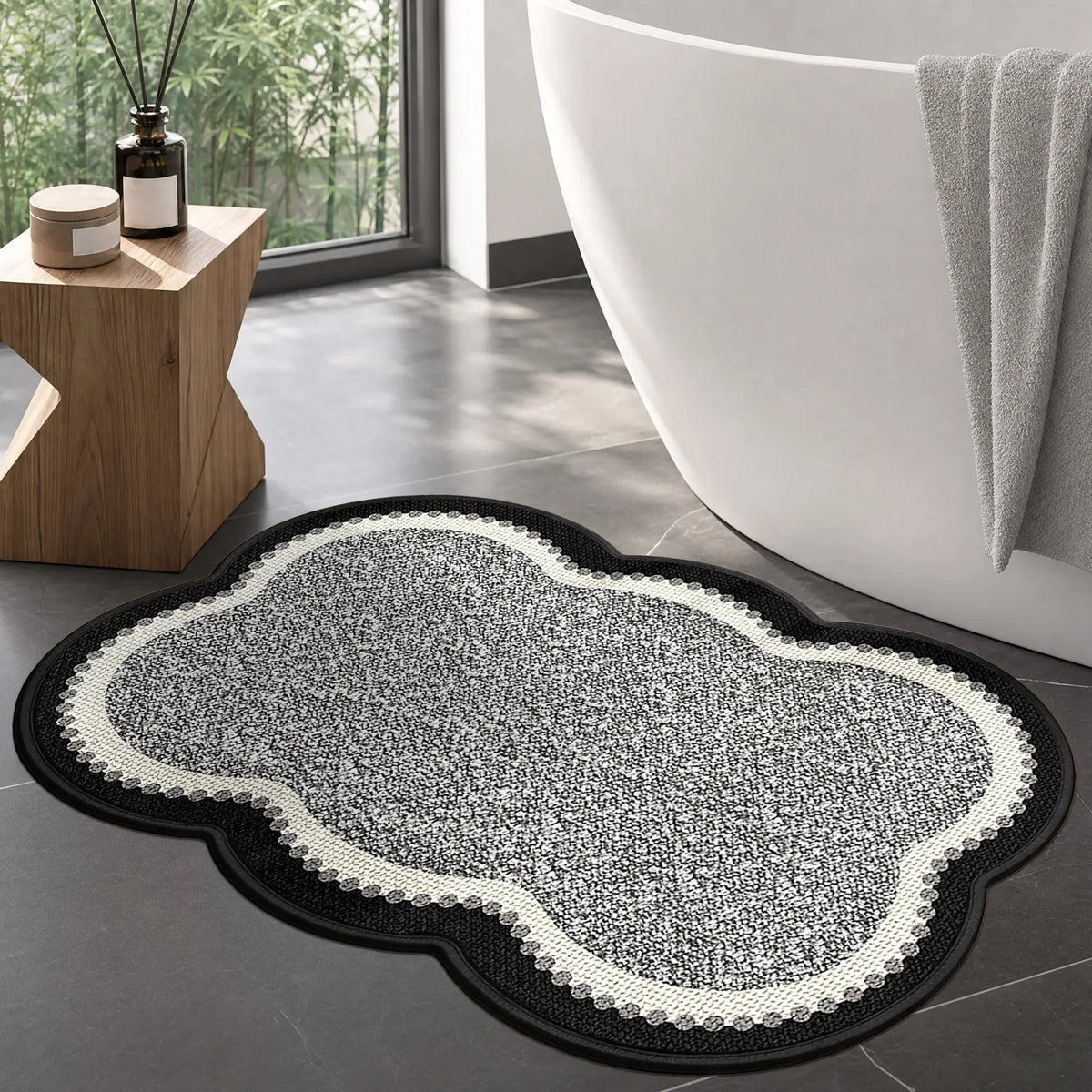 Wavy Scalloped Bathroom Rug, Imitation Linen Absorbent Non Slip Bath Mat for Shower Room, Entryway Decor