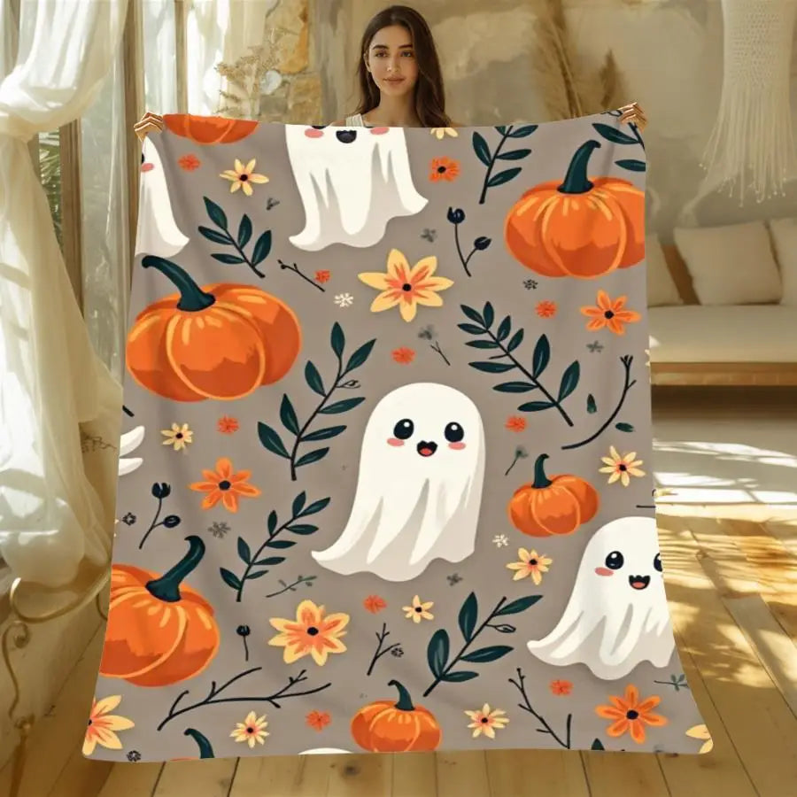 1pc 280GSM Cooling Flannel Throw Blanket, Soft Skin-Friendly Fluffy Fabric with Cute Ghosts And Pumpkins Pattern, Ideal for Halloween Decor, Room, Sofa, Party, Indoor And Outdoor Use 2D Flat Weighted Blanket