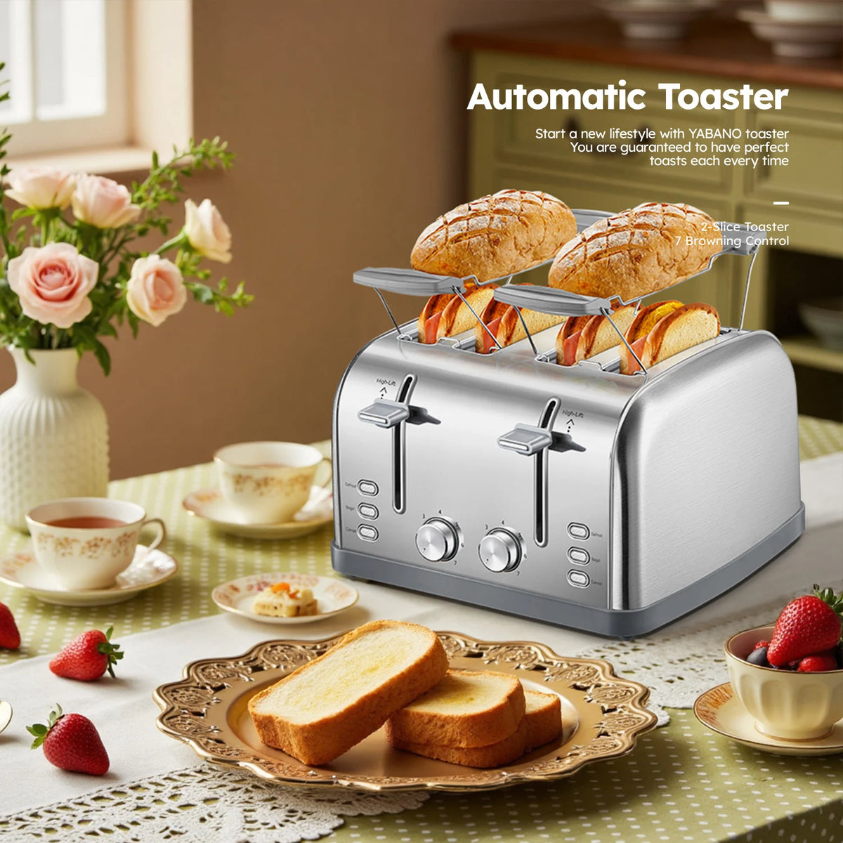 4 Slice Stainless Steel Toaster, Extra Wide Deep Slots for Thick Bread & Bagel, High Lift Lever Design, 7 Browning Shades with Warm Rack, Removable Crumb Tray, Silver Multipurpose Muffin Breakfast Toaster
