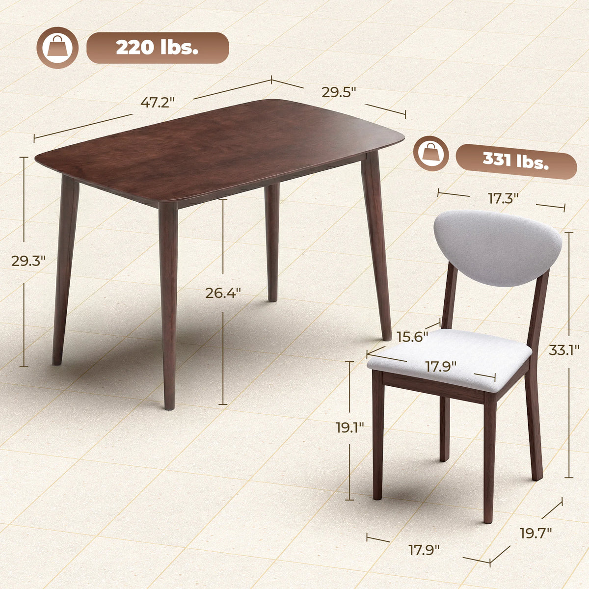 Homcom 5-Piece Dining Table Set for 4, Mid-Century Modern Kitchen Table and Chairs with Padded Seats and Backrests, Solid Wood Frame for Small Spaces, Dining Room, Living Room, Light Gray