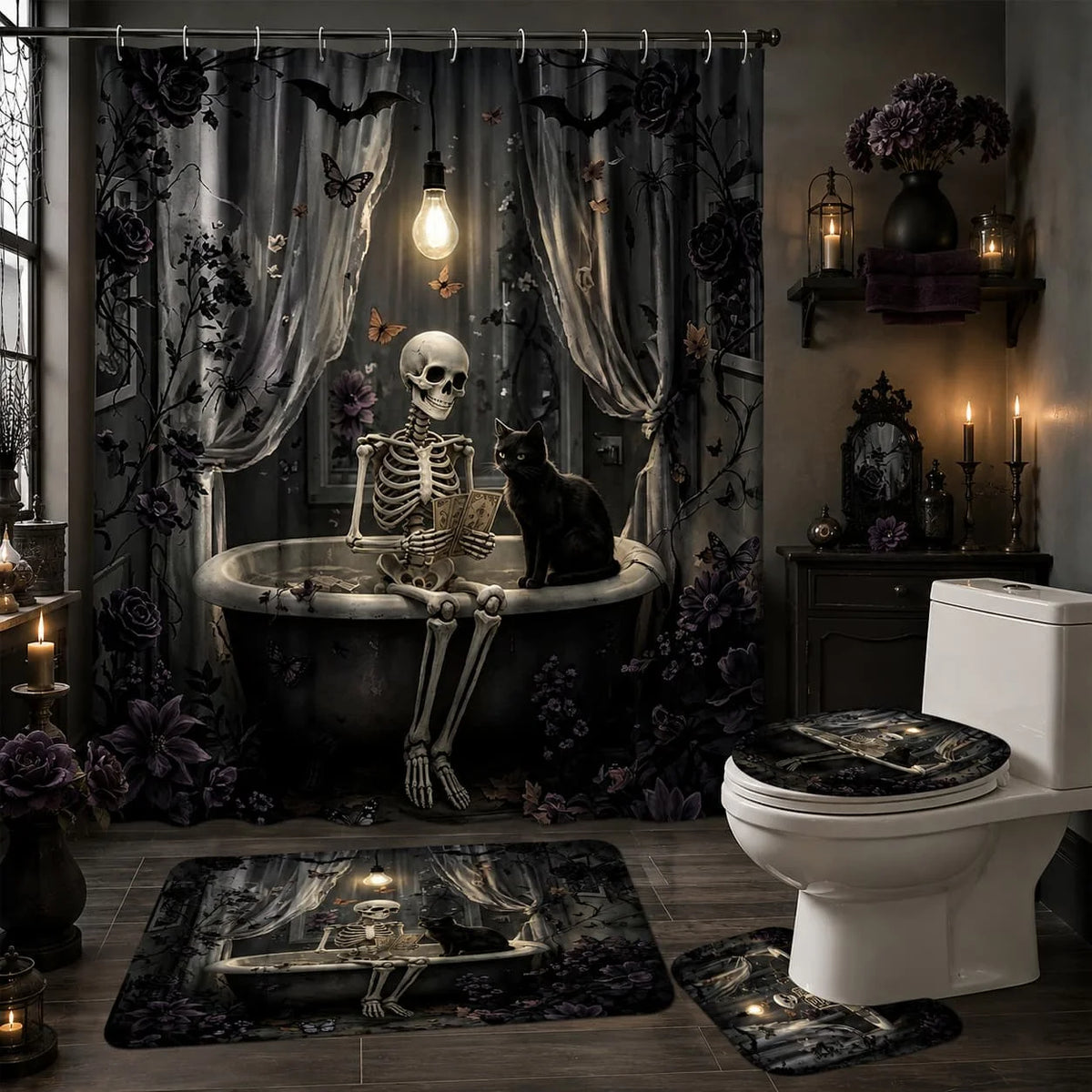 2D Flat, 4pcs Gothic 2D Bathroom Set, High-Quality Bathroom Decorations And Additions Including Non-Slip, U-Shaped, Toilet Seat, And Shower Curtain with 12 Hooks