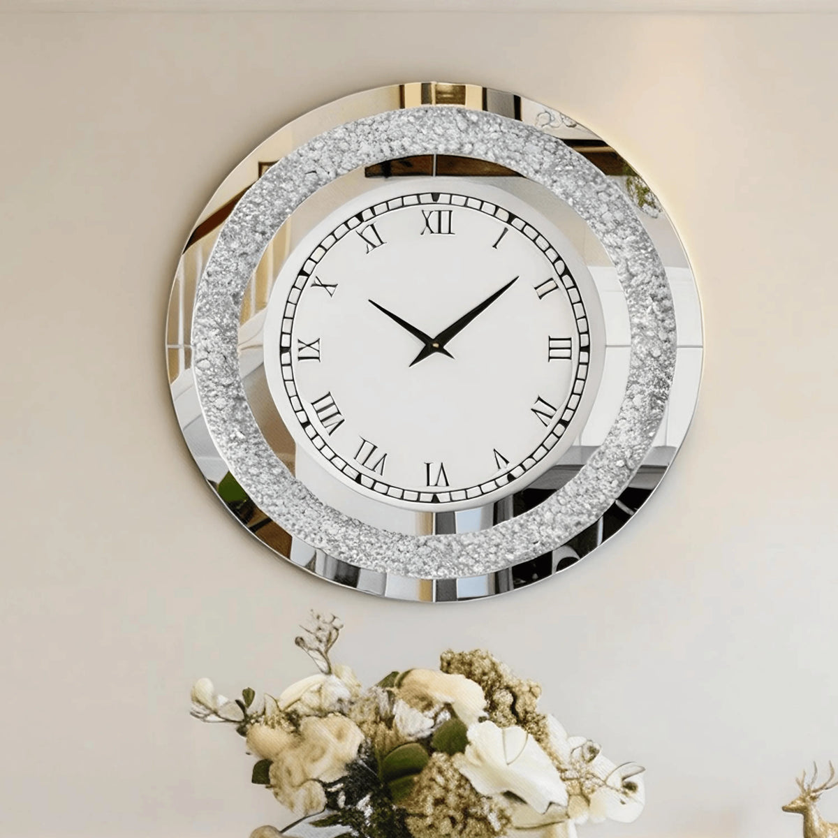 Large Wall Clock Silver Tawny Tinted Crushed Diamond Inlay Clock 80CM Round Decorative Mirrored Clock