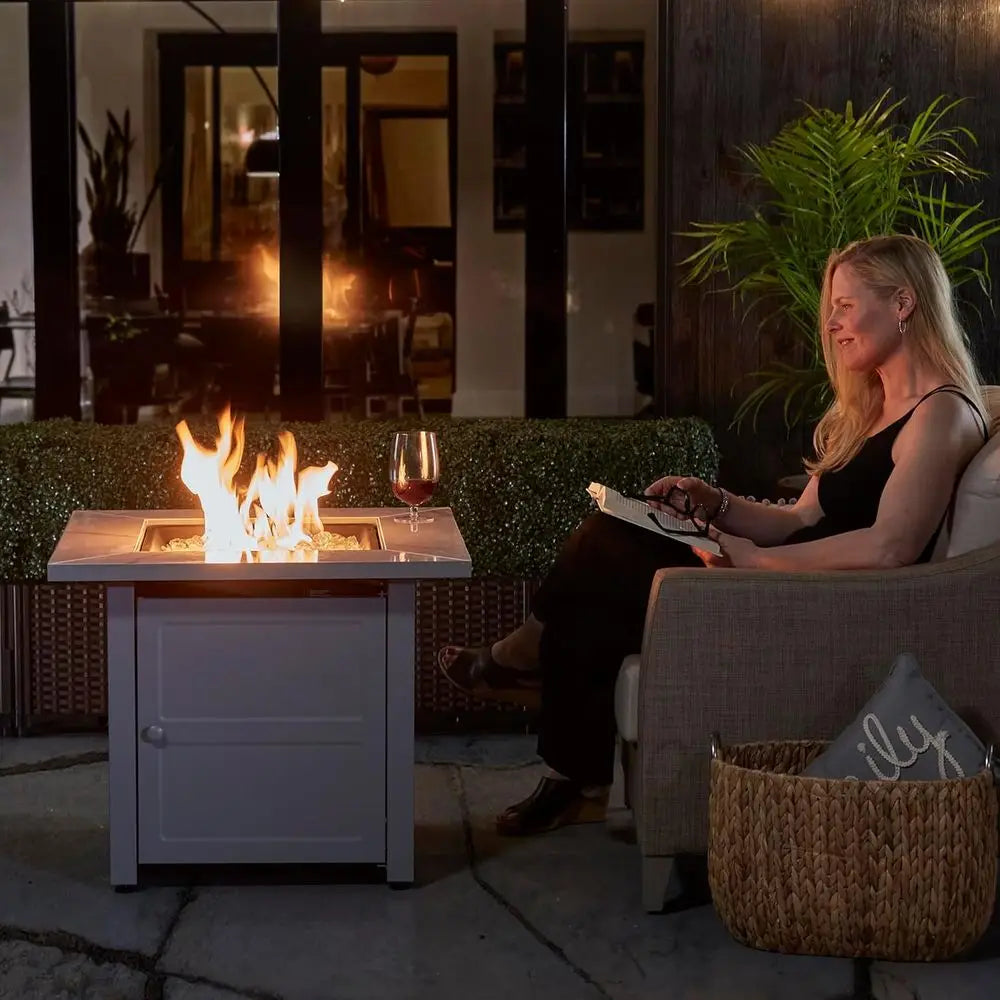 30 Inch Square Outdoor Gas Fire Pit Table with Marble Mantel, Slate Finish, White Fire Glass, and Protective Cover