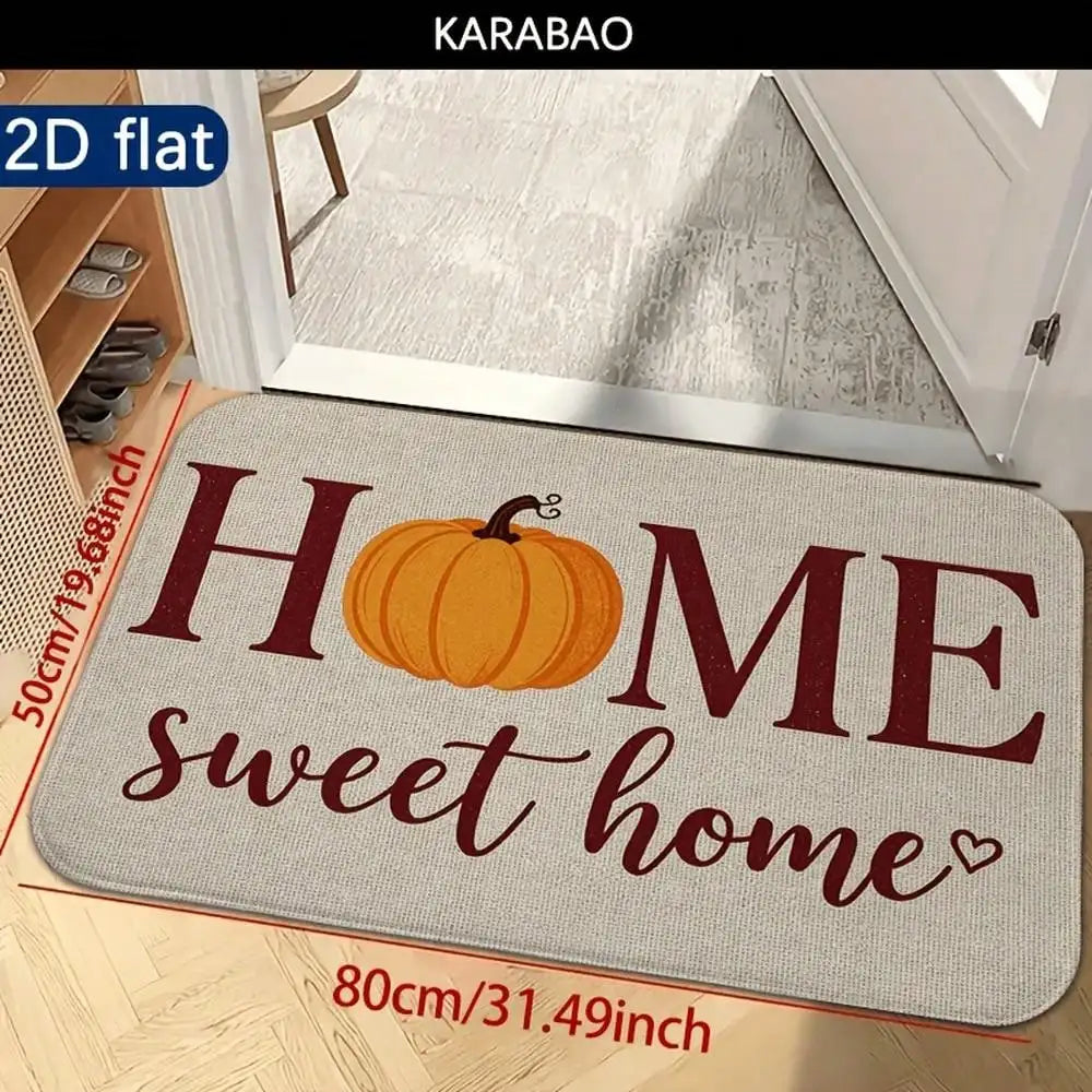 2D Flat, 1pc Autumn Pumpkin Theme "HOME Sweet Home" Cozy Doormat, Beige Fabric With Orange Pumpkins And Burgundy Lettering, Suitable For Doorway Decoration