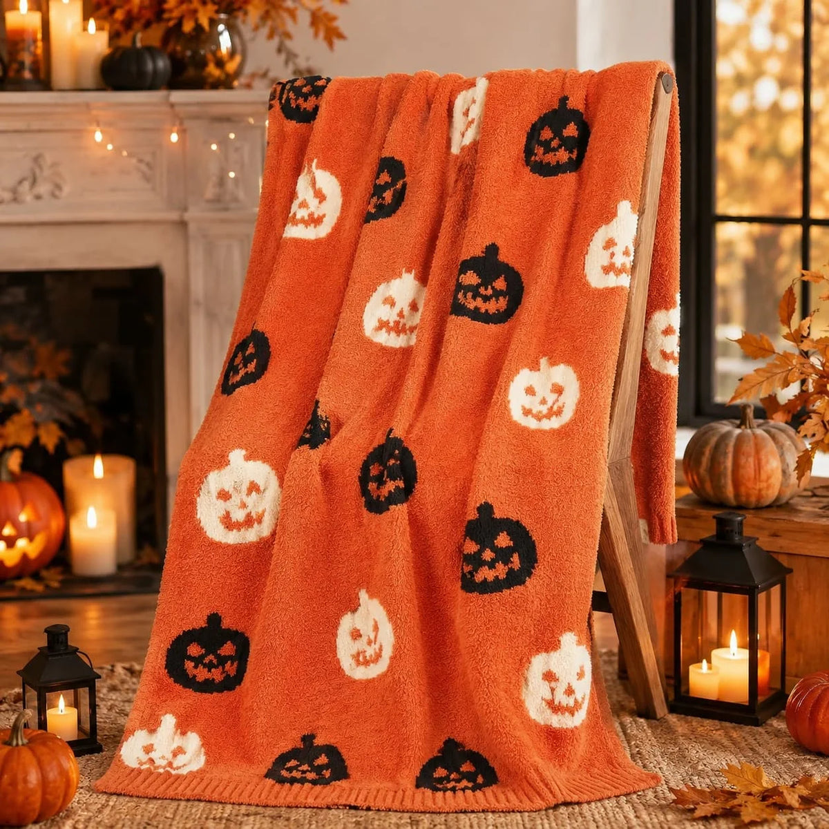 Snuggle Sac Halloween Throw Blanket Orange Pumpkin Blanket, Black Striped Halloween Throw Blanket for Couch 50x60 inches, Ultra Soft Decorative Striped Pumpkin Blanket