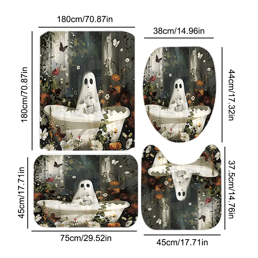Cute Cartoon Ghost Shower Curtain Set Halloween Shower Curtain Washable Bathtub Curtain Polyester Fabric Spooky Bathroom Curtain