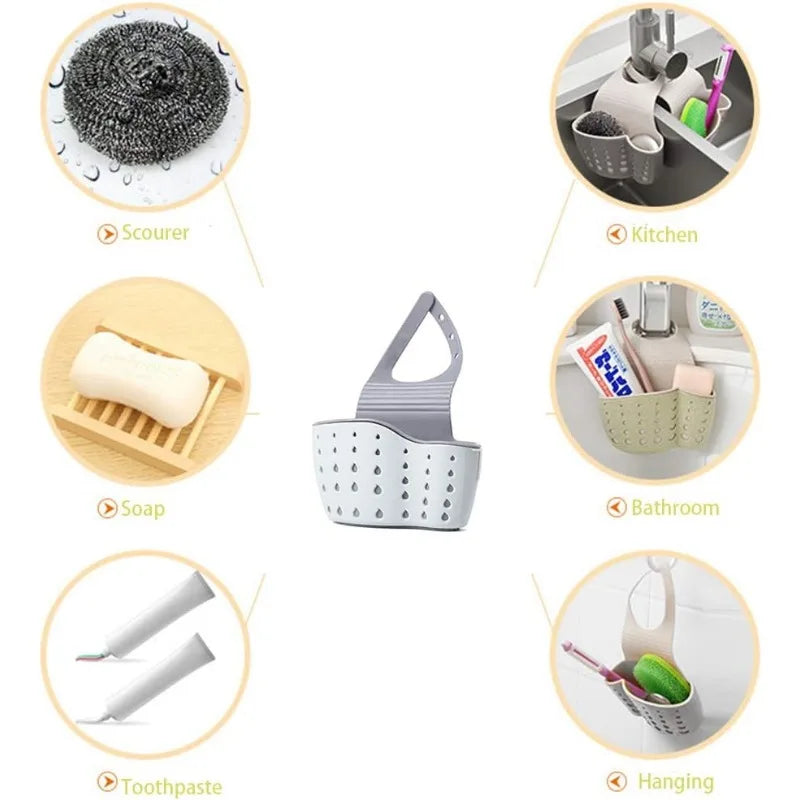 Kitchen Sink Caddy Sponge Holder Silicone Plastic Soap Holder Hanging Ajustable Strap Faucet Caddy with Drain Holes for Drying