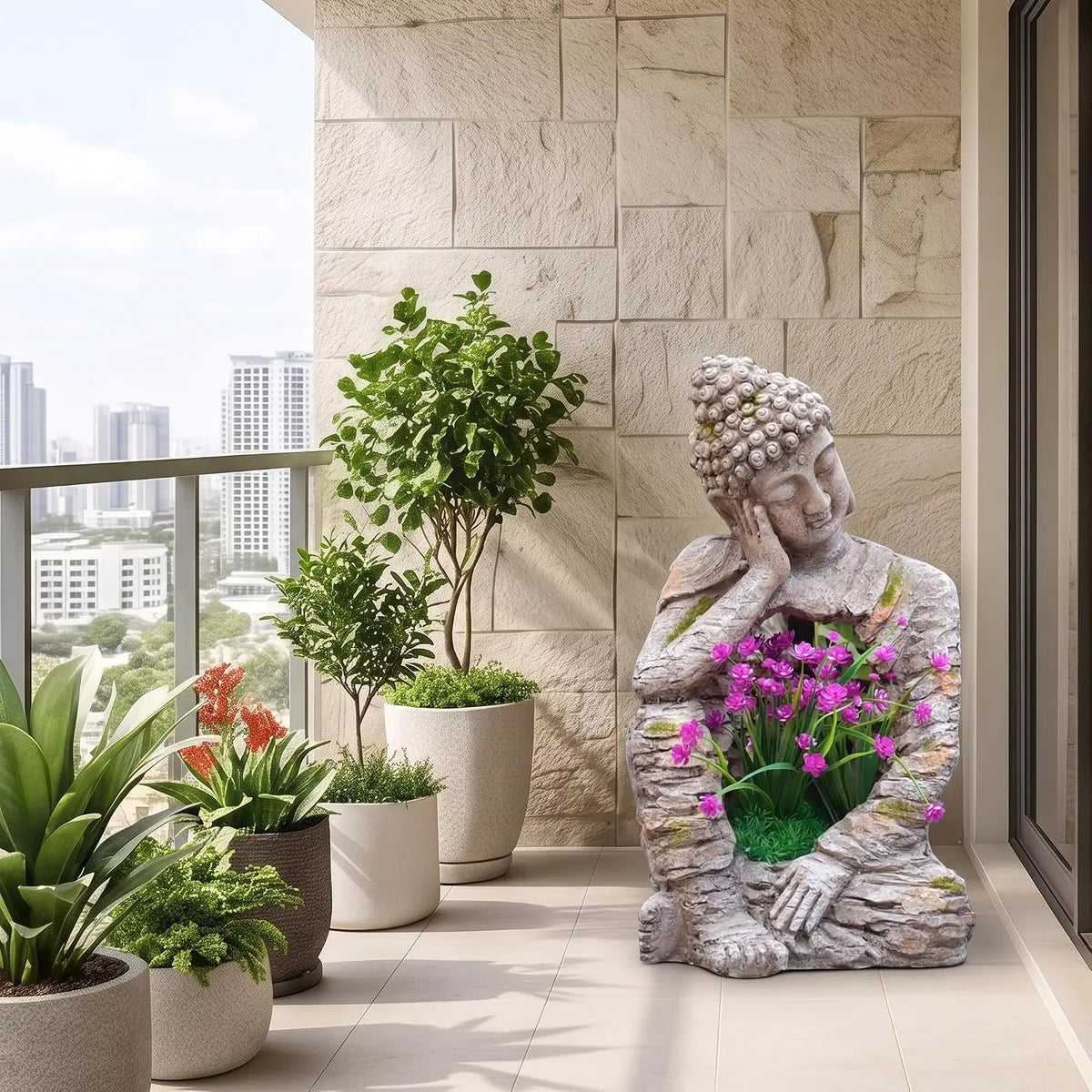Seated Resin Buddha Garden Statue Distressed Stone Finish With Planting Opening Weatherproof Zen Sculpture Decor For Patio Yard Porch Entryway Indoor Meditation Space