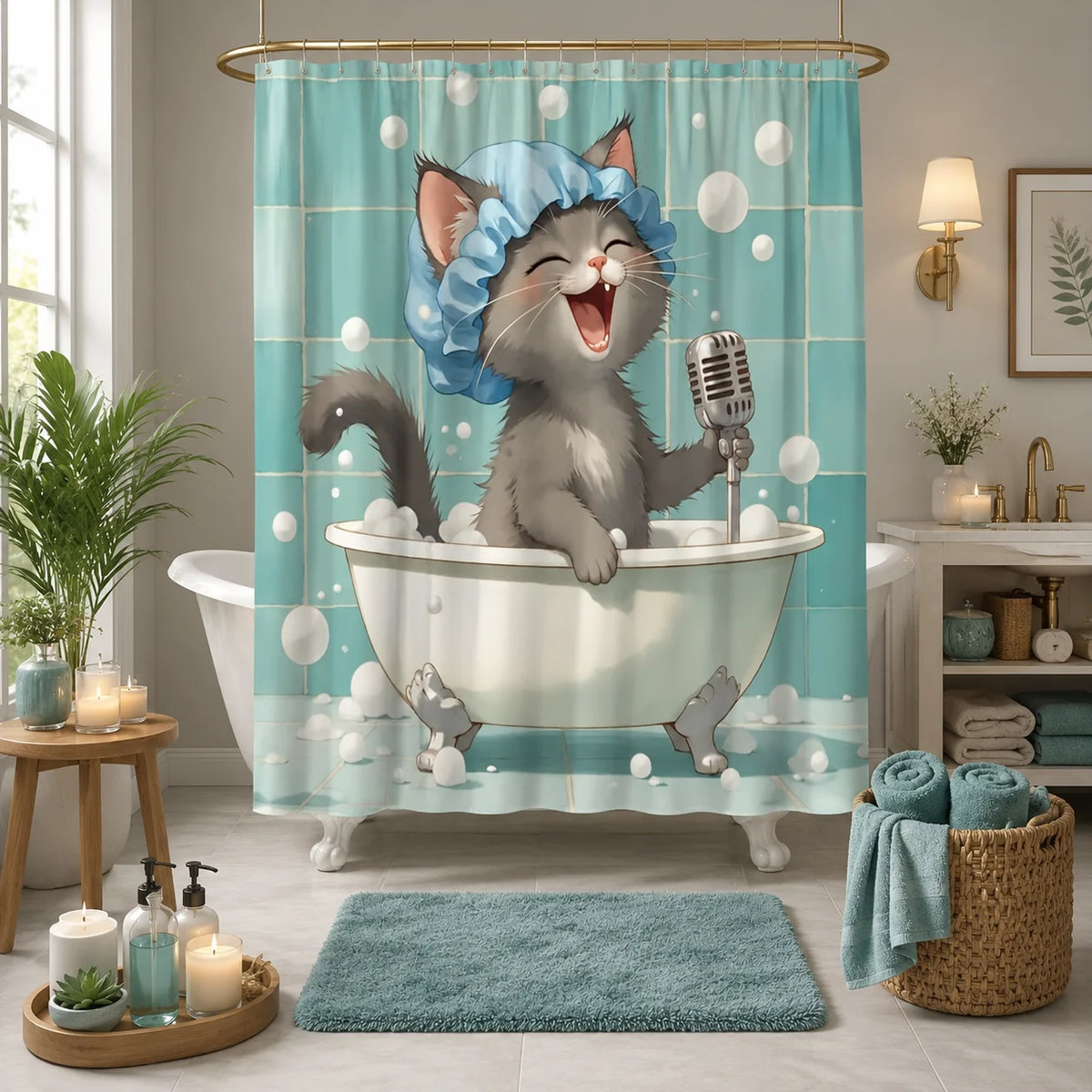 2D Flat, 2D Flat, 2D Flat Shower Curtain 1pc, Mcca Cute Cat Singing Shower Curtain, Polyester Comfortable Fabric, Multi-Size Selection, Special Boutique Hotel, Creating a Dreamy Healing Atmosphere, Creating a Natural Healing