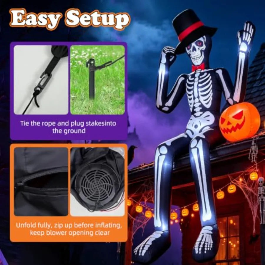 Halloween outdoor blow up decor: 12FT sitting skeleton with pumpkin, PVC material, black/white, built-in LEDs, quick inflation