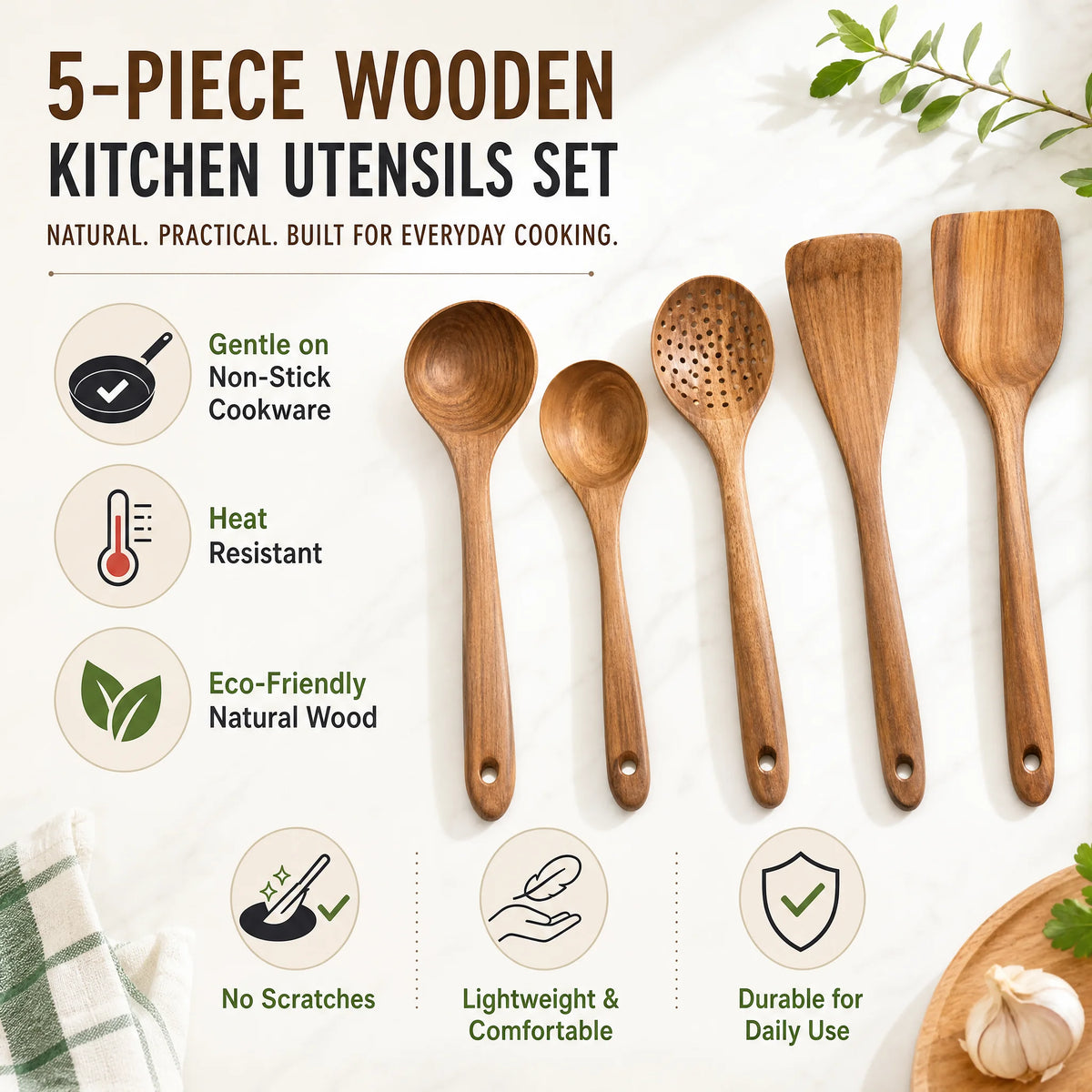 5-Piece Wooden Kitchen Utensils Set, Natural Wood Cooking Spoons and Spatulas, Heat Resistant Non-Stick Cookware Safe for Home Restaurant Kitchen