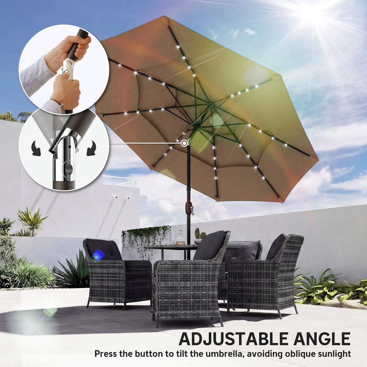 9.7 ft Outdoor Patio Umbrella with Lights, Khaki