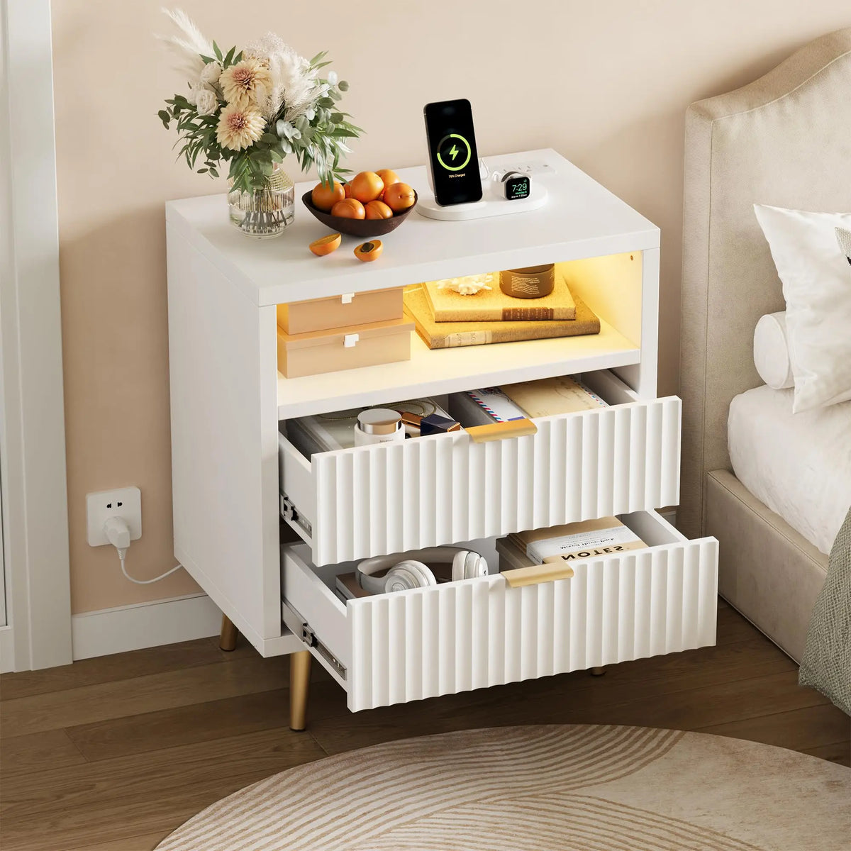 HiMISS LED Nightstand With Charging Station Drawers And Open Shelf