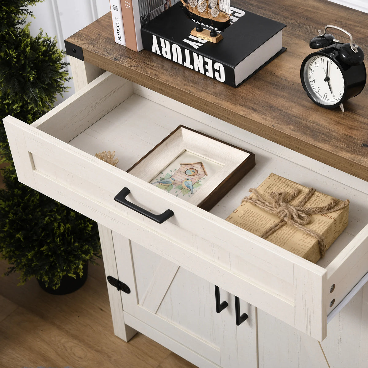 Sideboard with Storage Drawer, Modern Farmhouse Kitchen Cabinet with 2 Barn Doors, Coffee Bar Cabinet, Distressed White