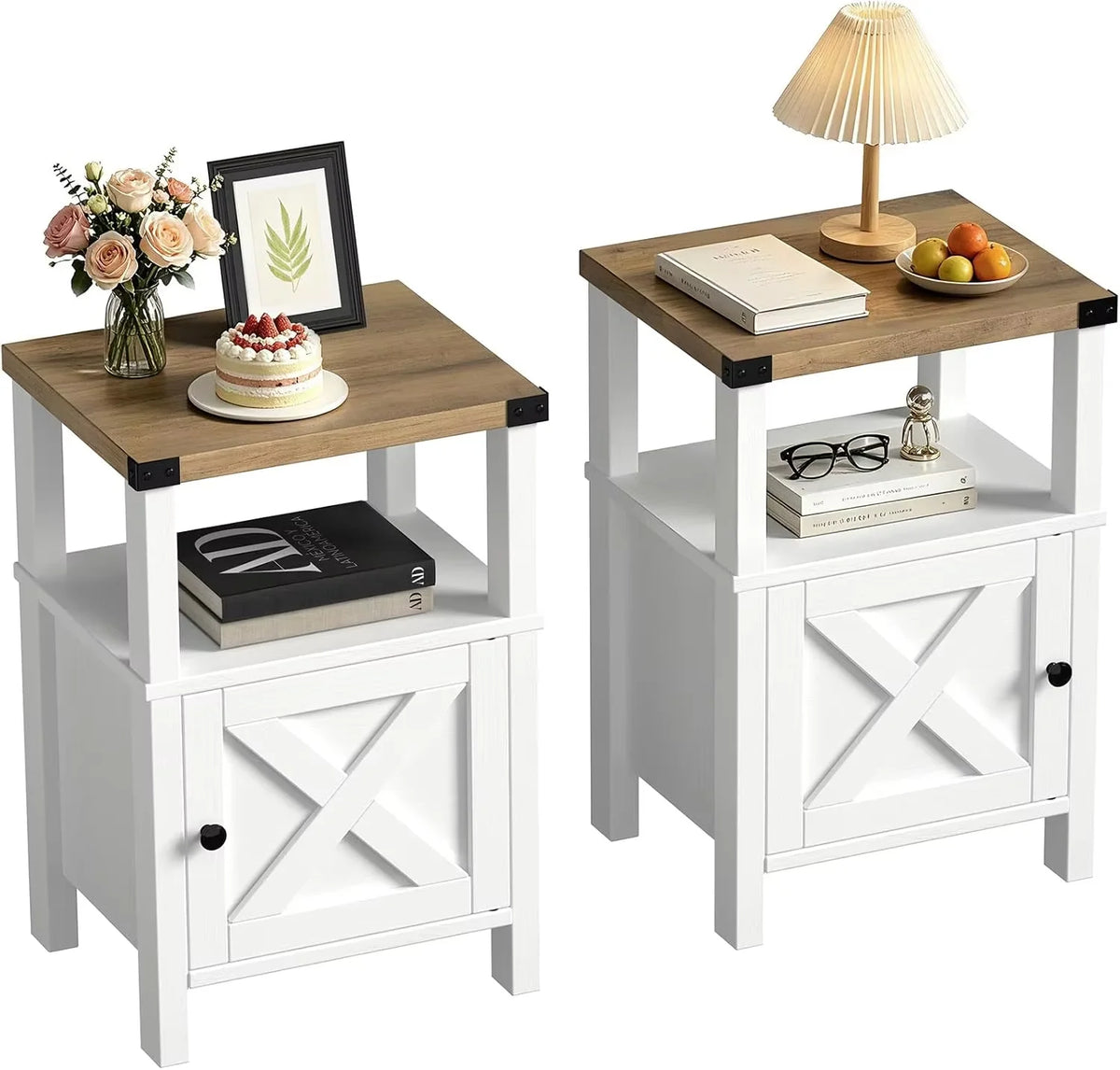 24.8"Farmhouse Nightstand Set 2, Wood Bedside Table with Barn Door Storage for Bedroom Living Room, White/Beige