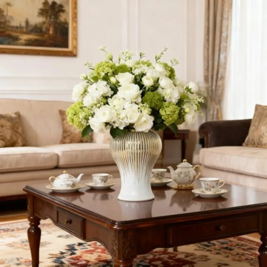 Centerpieces use: white and gold ginger jars vintage-style vase with lid 14 in tall ceramic material white-gold finish elegant