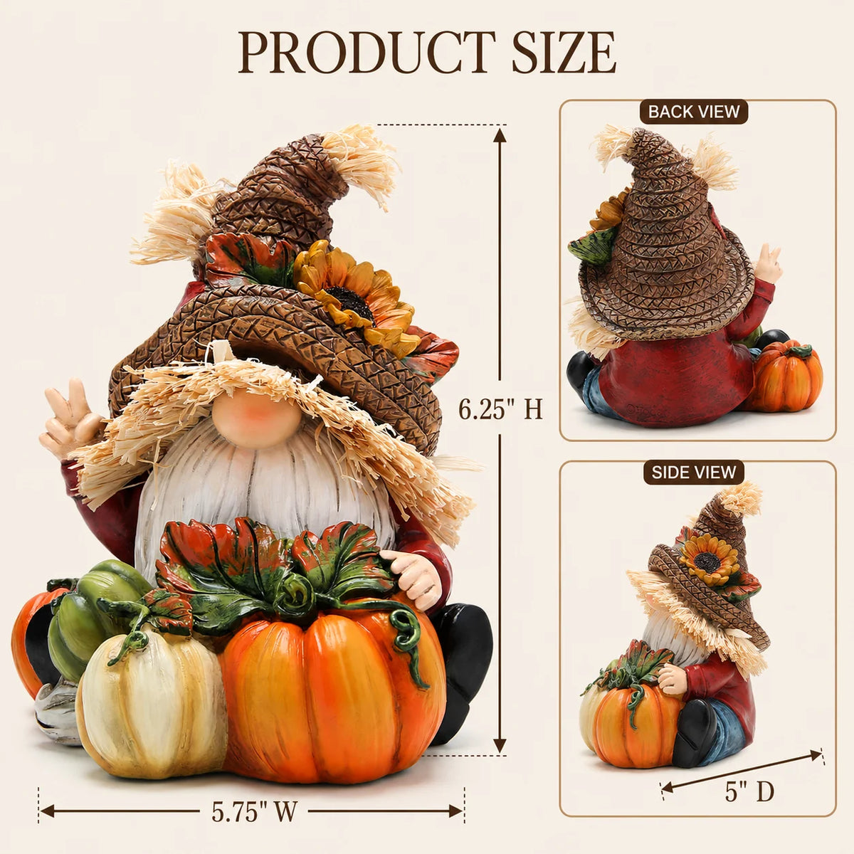 Hodao Resin Fall Scarecrow Gnome Figurine with Pumpkin Harvest Decoration, Farmhouse Thanksgiving Sitting Gnome Statue for Tabletop Shelf Sitter, Autumn Holiday Decor Gift for Home Garden, Hand-Painted Seasonal Ornament, Coun