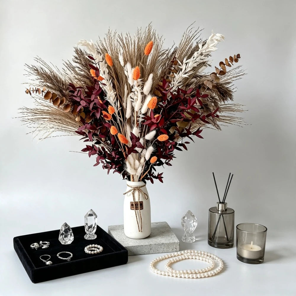 Autumn Mixed Dried Flower Bouquet Preserved Eucalyptus Bunny Tail Grass Pampas Grass Boho Dried Floral Arrangement For Vase Home Living Room Wedding Table Decor