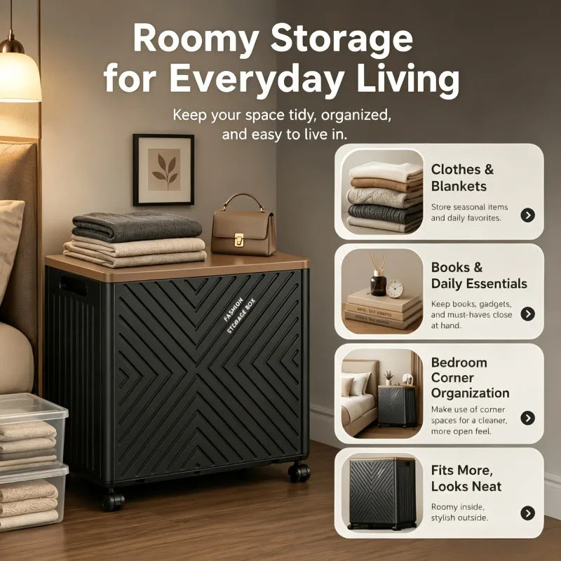 Stackable dustproof storage box with a lid, built-in side handles and 360° silent swivel wheels, embossed geometric pattern, large-capacity wheeled organizer box, suitable for bedroom clothes, blankets, books, and apartment