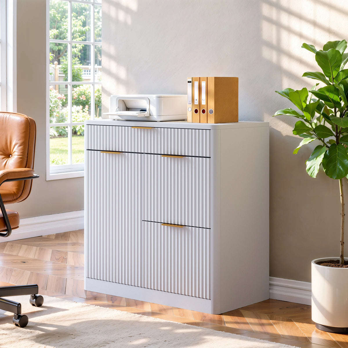 Fluted Office File Cabinet with Charging Station Mixed Drawers & Doors Storage Cabinet with Adjustable Shelves for Home Office
