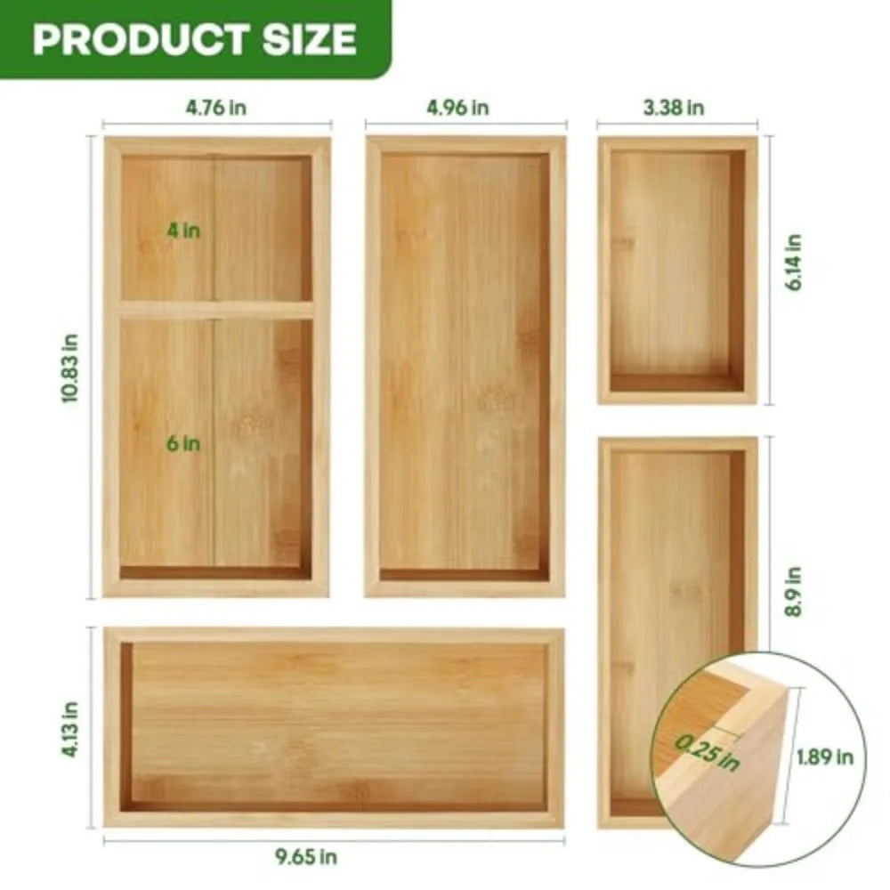 Set of 3 Bamboo Drawer Organizers Individual Wood Storage Dividers for Kitchen Office Desk
